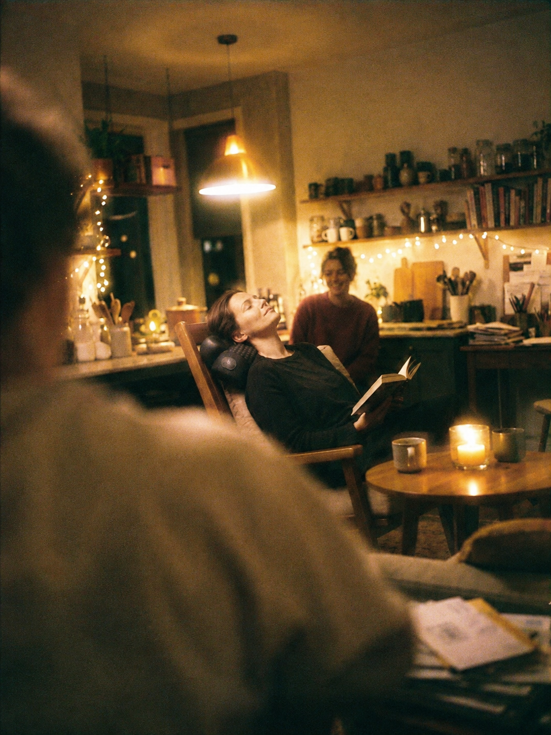 Woman relaxing with the Evenwell neck pillow in a warmly lit kitchen at night